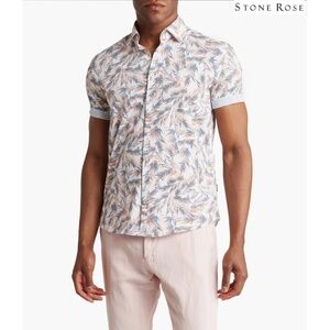 STONE ROSE ORANGE PALM PRINT TRIM FIT STRETCH COTTON S/S BUTTON-UP SHIRT. SZ XL
